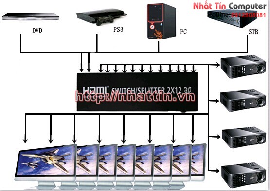 Bộ chia cổng hdmi 2 vào 12 ra HDMI Splitter 3D có điều khiển từ xa