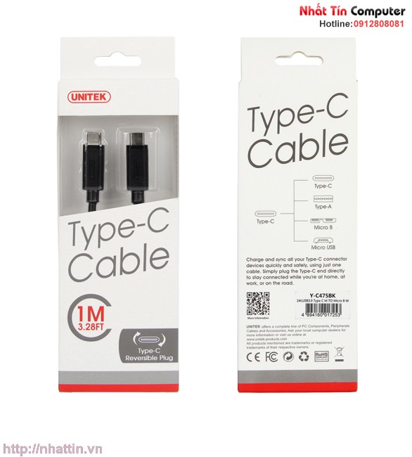 Cáp chuyển đổi tín hiệu USB chuẩn C 2.0 Unitek YC-473 có 2 đầu đực Hàng chính hãng