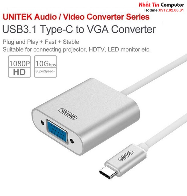 Cáp tín hiệu USB 3.1 Type C sang VGA Adapter Unitek Y-6308 chính hãng