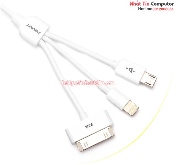 Cable 3 in 1 (MicroUSB, Lightning, iPhone 4) Chính hãng Pisen