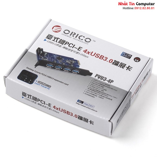 Card chuyển đổi PCI-Express 4 Port USB 3.0 cho máy tính bàn ORICO PVU3-4P, 4 Port USB 3.0 ext
