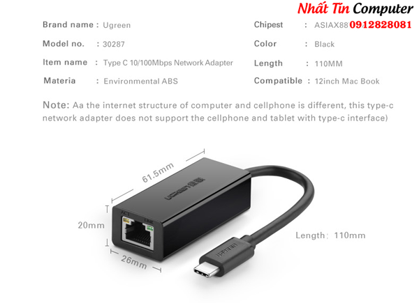 Cáp USB Type C sang LAN Ethernet Ugreen 30287