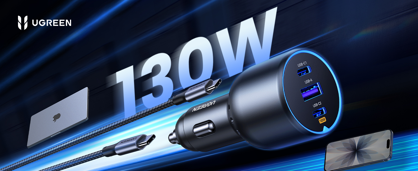 Sạc nhanh tr&ecirc;n &ocirc; t&ocirc; 3 cổng PD/QC 3.0 c&ocirc;ng suất 130W Ugreen 35025 cao cấp