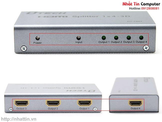 Bộ chia HDMI 1 ra 4 dtech, bo chia HDMI 1-4, bo chia HDMI 4 cong, bo chia HDMI, HDMI Splitter 1 ra 4, Dtech dt-7007