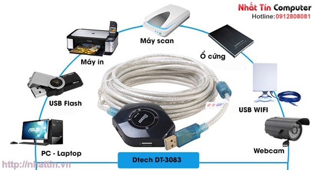 Cáp USB nối dài 10m đầu ra 4 cổng USB Dtech DT-3083