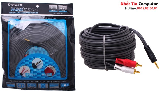 Cáp audio 3.5mm sang 2 đầu hoa sen 10m Dtech DT-6214 Chính hãng