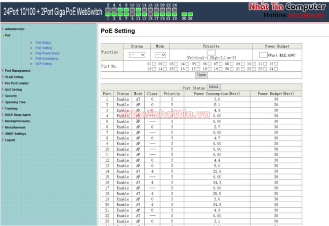Smart Switch PoE 24 Port 10/100Mbps + 2Port Gigabit+ 2 Port SFP, công suất 250W KMETech WSP2624GSL