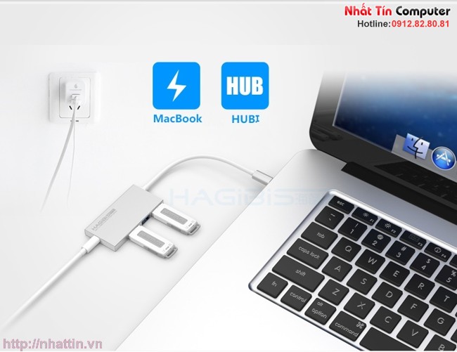 Hub USB 3.0 kèm cổng sạc điện Type-c chính hãng Hagibis cho Macbook air 12 inch Apple