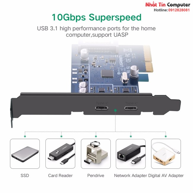 Card PCI Express sang 2 cổng USB 3.1 Type-C Ugreen 30773 chính hãng