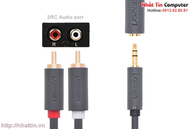 Cáp Audio 3.5mm âm ra 2 RCA dương dài 20cm chính hãng Ugreen-10561 mạ vàng 24K cao cấp