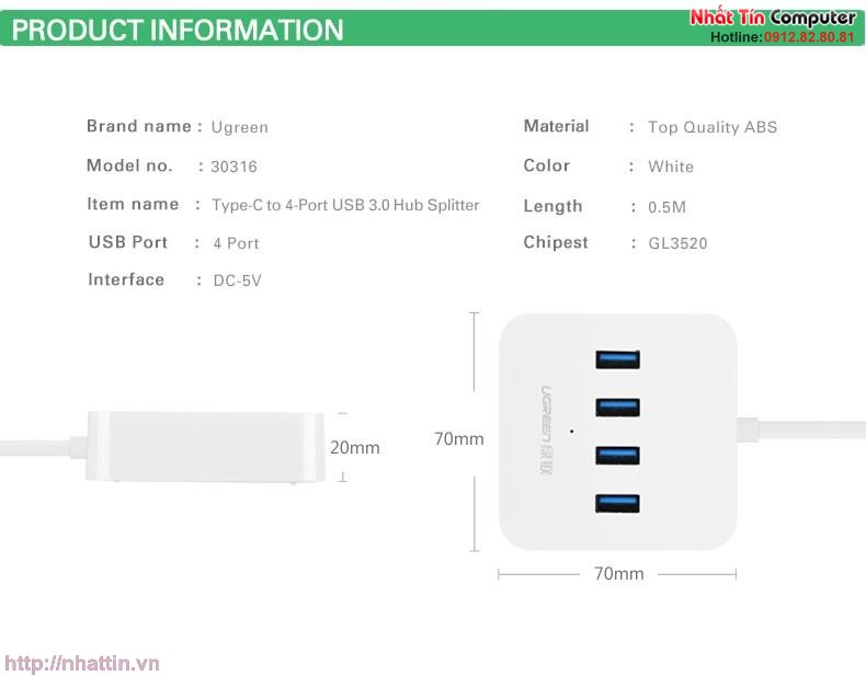 Cáp USB Type C ra 4 cổng USB 3.0 Ugreen UG-30316 Chính hãng