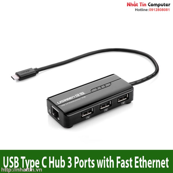 Bộ chia cổng USB  chuẩn C ra 3 cổng 2.0 chuẩn A. Hỗ trợ Ethernet chính hãng Ugreen 30289