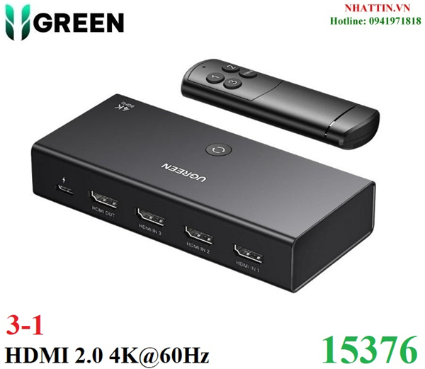 Bộ gộp HDMI 3 vào 1 ra chuẩn 2.0 hỗ trợ 4K@60Hz 3D CEC HDR HDCP2.2 Ugreen 15376 cao cấp
