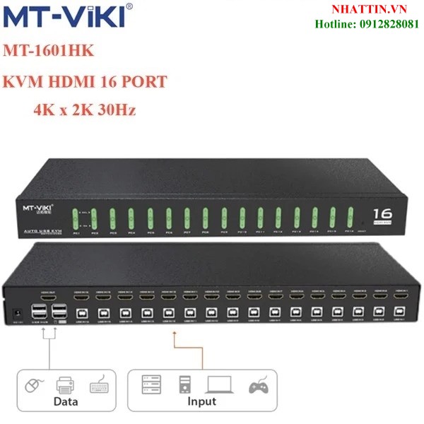 Bộ gộp tín hiệu KVM HDMI Switch 16 cổng độ phân giải 4K@30Hz MT-VIKI MT-1601HK (Hỗ trợ Hotkey)