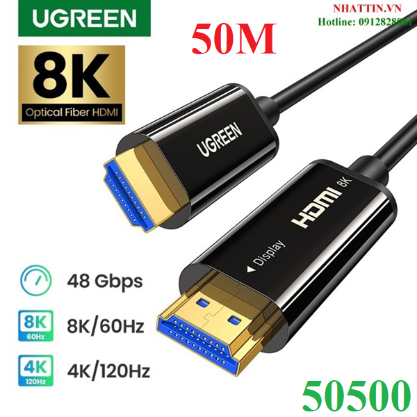 Cáp HDMI 2.1 sợi quang lõi đồng 50m hỗ trợ 8K/60Hz, 4K/120Hz chính hãng Ugreen 50500 cao cấp