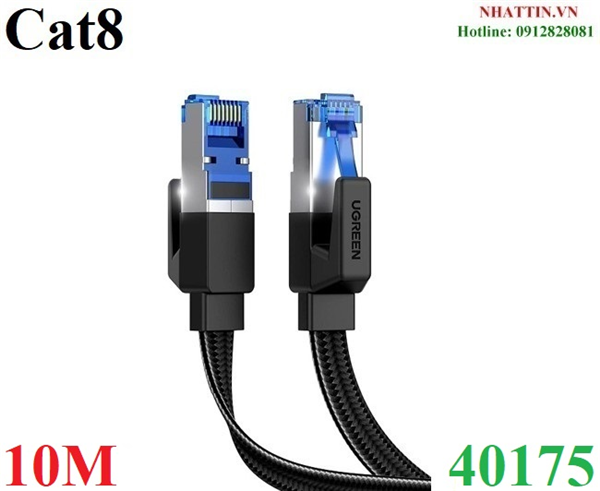 Cáp mạng CAT8 đúc sẵn dẹt dài 10M tốc độ 40Gbps 2000Mhz 26AWG U/FTP Ugreen 40175 cao cấp (bện Nylon)