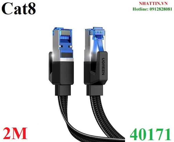 Cáp mạng CAT8 đúc sẵn dẹt dài 2M tốc độ 40Gbps 2000Mhz 26AWG U/FTP Ugreen 40171 cao cấp (bện Nylon)