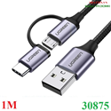 Cáp sạc, dữ liệu 2 in 1 USB A sang USB Micro + Type-C dài 1M Ugreen 30875 cao cấp (Sạc nhanh, bện dù)