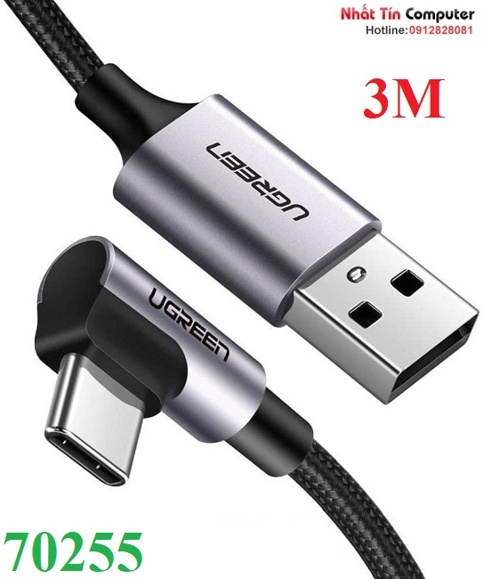 Cáp sạc, dữ liệu USB-A to USB Type-C bẻ góc 90 độ dài 3M Ugreen 70255 cao cấp