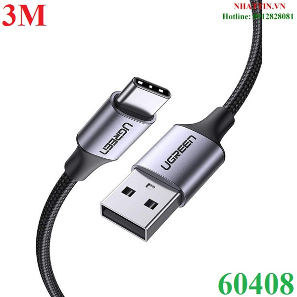 Cáp sạc, dữ liệu USB Type-A 2.0 sang USB Type-C dài 3M Ugreen 60408 cao cấp (bện nylon)