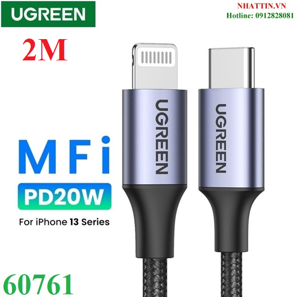 Cáp sạc, dữ liệu USB Type-C to Lightning dài 2M chuẩn MFI Apple, sạc nhanh 3A Ugreen 60761 (Đen)