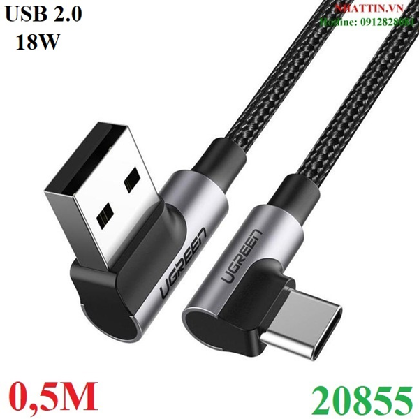 Cáp sạc nhanh 18W, dữ liệu USB-A to USB Type-C bẻ góc 90 độ đầu dài 0,5M Ugreen 20855 cao cấp