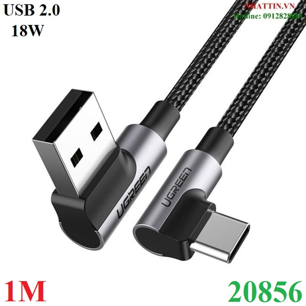 Cáp sạc nhanh 18W, dữ liệu USB-A to USB Type-C chuẩn 2.0 bẻ góc 90 độ đầu dài 1M Ugreen 20856 cao cấp