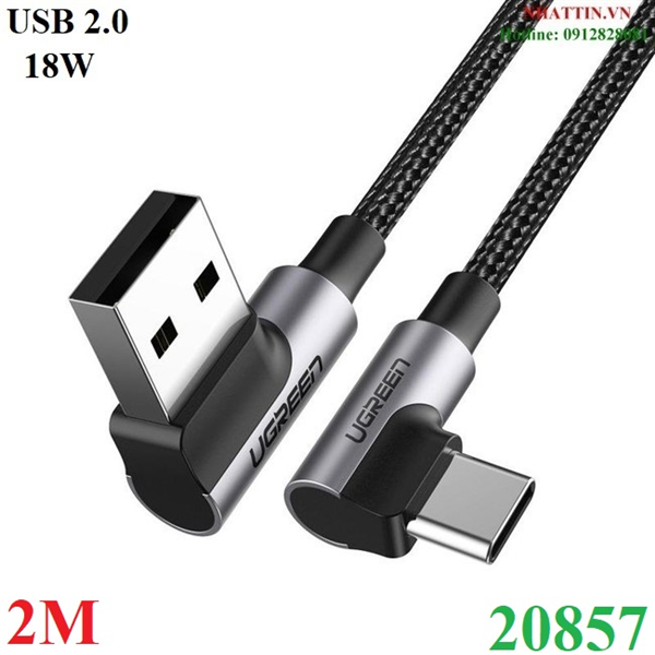 Cáp sạc nhanh 18W, dữ liệu USB-A to USB Type-C chuẩn 2.0 bẻ góc 90 độ đầu dài 2M Ugreen 20857 cao cấp