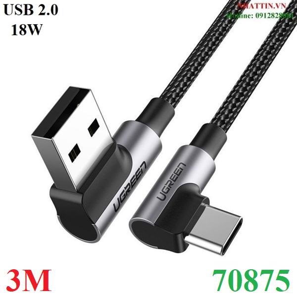 Cáp sạc nhanh 18W, dữ liệu USB-A to USB Type-C chuẩn 2.0 bẻ góc 90 độ đầu dài 3M Ugreen 70875 cao cấp