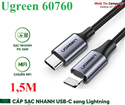 Cáp sạc USB Type-C to Lightning bọc dù dài 1,5m chuẩn MFI Apple,  sạc nhanh PD 36W Ugreen 60760