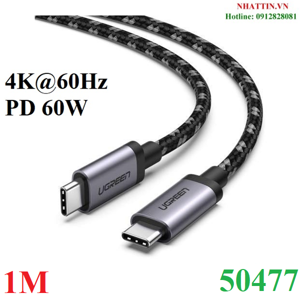 Cáp USB Type-C to Type-C 3.1 Gen1 dài 1M bện nylon hỗ trợ Video 4K60Hz dữ liệu 5Gbps sạc PD60W Ugreen 50477 cao cấp