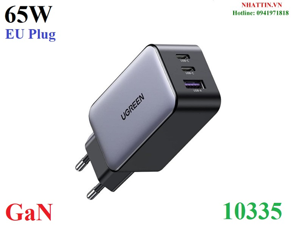 Củ sạc nhanh 65W GaN 3 cổng USB Type-C x2 USB Type-A x1 Hỗ trợ QC4+, PD3.0 Ugreen 10335 cao cấp (EU Plug)