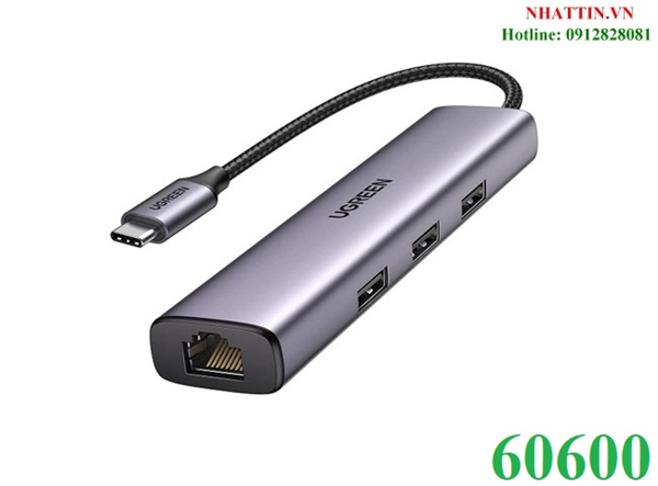 Hub chia USB Type-C to 3 cổng USB 3.0 Type-A kèm Lan Gigabit, vỏ nhôm Ugreen 60600 cao cấp