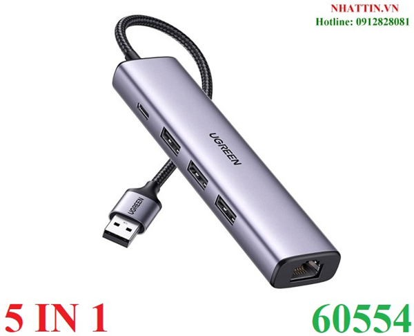 Hub chuyển đổi 5 in 1 USB Type-A ra Lan 1000Mbps Kèm HUB 3 Cổng USB 3.0 Ugreen 60554 cao cấp (cấp nguồn Type-C)