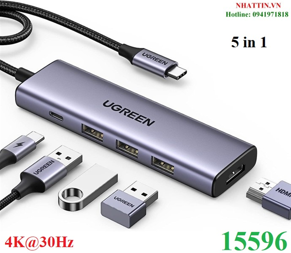 Hub chuyển đổi USB Type-C 5 trong 1 ra HDMI 4K@30Hz, USB-A x3, Sạc PD 100W Ugreen 15596 cao cấp