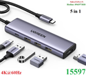 Hub chuyển đổi USB Type-C 5 trong 1 ra HDMI 4K@60Hz, USB-A x3, Sạc PD 100W Ugreen 15597 cao cấp