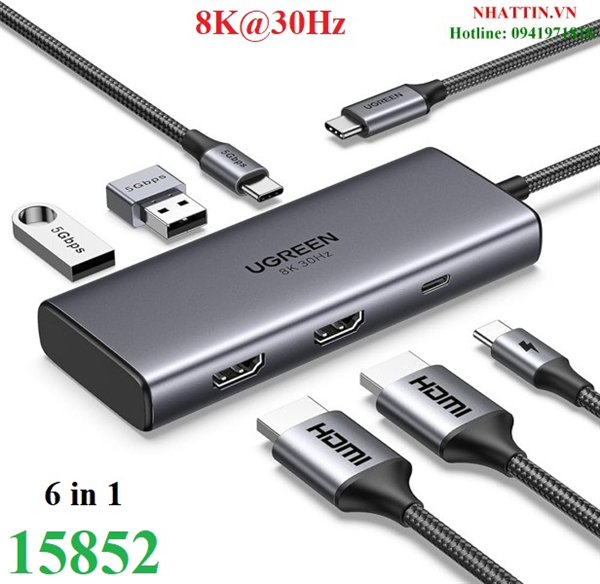 Hub chuyển đổi USB Type-C 6 trong 1 ra 2*HDMI 8K@30Hz, USB Type-C, USB-A 3.0, Sạc PD 100W Ugreen 15852 cao cấp