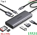 Hub chuyển đổi USB Type-C 7 trong 1 ra HDMI 4K@30Hz, USB Type-C, USB-A 3.2, SD/TF, Sạc PD 100W Ugreen 15531 cao cấp