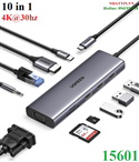 Hub USB Type-C 10 trong 1 ra HDMI, VGA, USB, Lan 1Gbps, 3.5mm, SD/TF, Sạc PD 100W Ugreen 15601 cao cấp