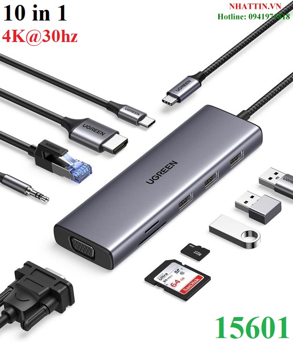 Hub USB Type-C 10 trong 1 ra HDMI, VGA, USB, Lan 1Gbps, 3.5mm, SD/TF, Sạc PD 100W Ugreen 15601 cao cấp