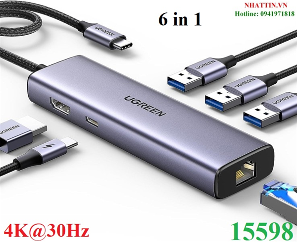 Hub USB Type-C 6 trong 1 ra HDMI 4K@30Hz, USB 3.0, Lan 1Gbps, Sạc PD 100W Ugreen 15598 cao cấp