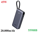 Sạc dự phòng PD 45W Nexode 20000mAh 3 cổng có cáp USB-C liền Ugreen 55988B cao cấp
