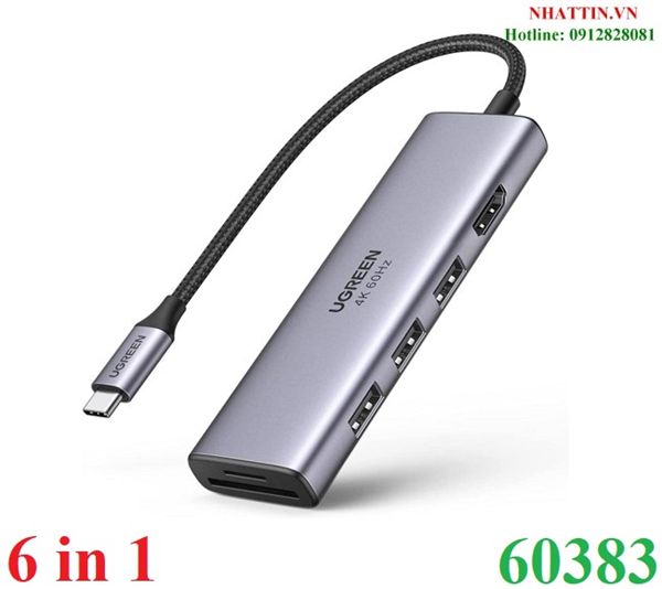 Thiết bị mở rộng 6 in1 USB type-C to HDMI/ Hub USB 3.0/ SD/TF chính hãng Ugreen 60383 cao cấp