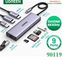 Thiết bị mở rộng 9 in 1 USB Type-C ra 2 cổng HDMI 4K@60hz/USB/LAN Gigabit/PD 60W/SD/ TF Ugreen 90119 cao cấp