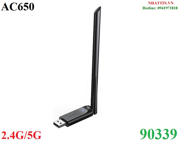 USB thu Wifi băng tần kép AC650 2.4G/5G ăng-ten ngoài 6dBi Ugreen 90339 cao cấp